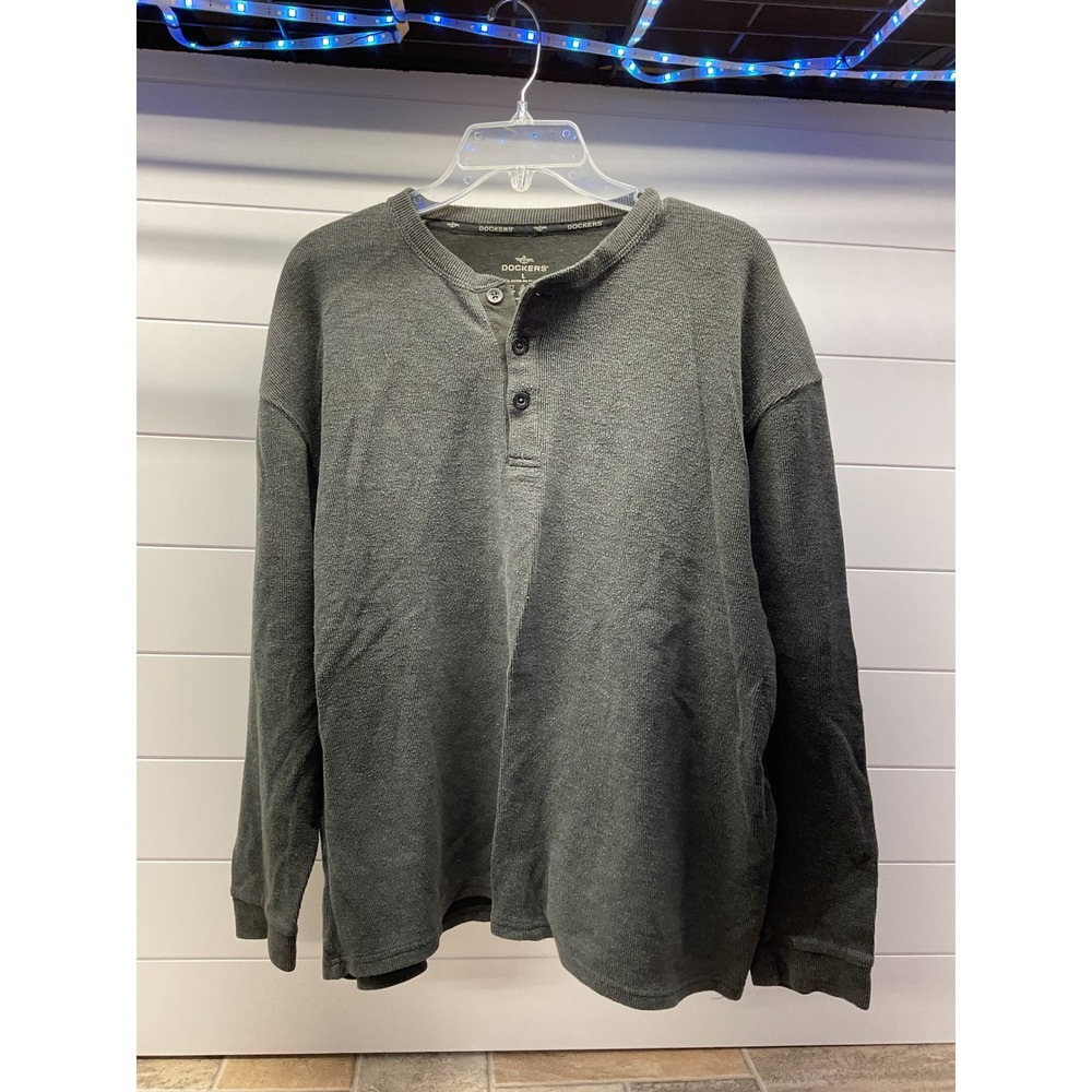 Dockers Mens Henley Shirt Long Sleeve Charcoal Gray Ribbed Cotton Blend Large